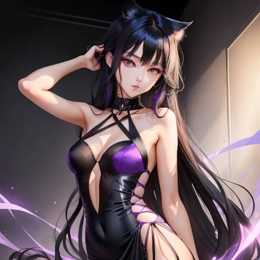 Model like anime girl, black hair, light purple eyes, cat-like facial features, seductive eyes, 177cm, slim figure, detailed background, Ultra-high resolution, vivid coloring, perfect body, wearing an simple holter neck black dress with slits on each side of legs