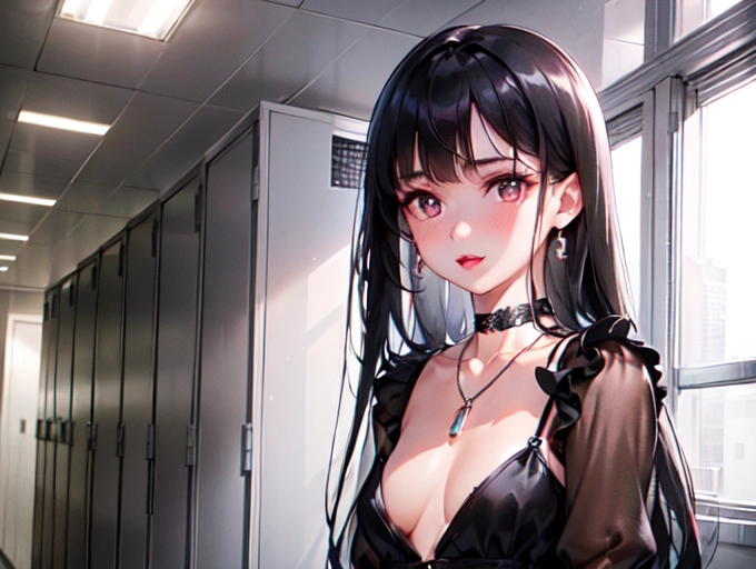 photorealistic, 8k, accurate face, (((detailed face))), (((replicate inspiration face))), full figure shot, shining eyes, female face, cute, 21 years old gorgeous, luxuriously long black hair, lipstick, bangs, small breasts, choker, necklace, pendant,
wearing white tight blouse and black mini skirt outfit, in locker room,
