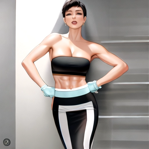 beautiful tall muscular young woman with defined abs muscular arms -very short hair and large breasts wearing a black bandeau top and black and white skirt, 4k, best quality, highest possible quality, masterpiece