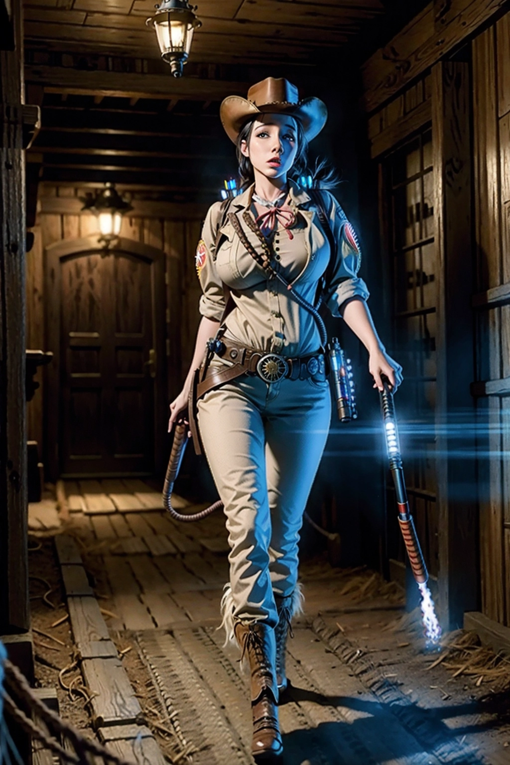 ((8k, RAW photo, best quality, masterpiece:1.2), (realistic, photo-realistic:1.37), ultra-detailed, (Wild West Ghostbuster:1.4), full body, slender, (big tits), skinny, fucked by, monster, in a dungeon, fantasy style, no hat,