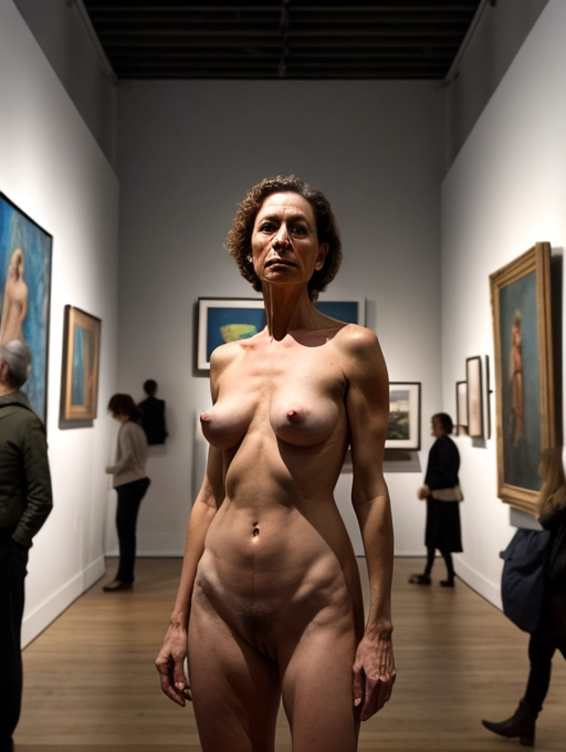 a casually naked middle aged lady is is the only one naked at a crowded public art gallery