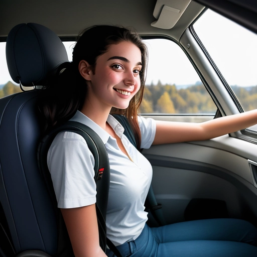 grainy photo of an 18 year old girl leaning over to speak into the window of the passenger door of a car, she is looking at the driver smiling, her entire body in photo, she is wearing a uniform, backpack, sneakers, perspective from outside the car