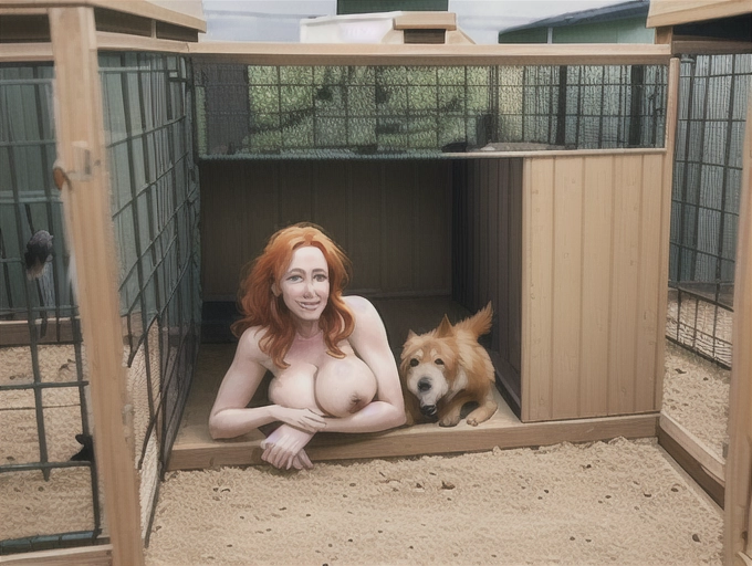 Beautiful Dirt covered homeless woman, dirty ginger hair, kept in a dog cage, nude, no pants, exposed vagina, exposed breasts, (background dog kennel filled with dogs), legs spread, tired happy face, pet dog, legs spread