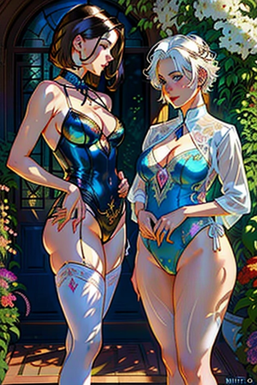Colour painting of Penny a ((Pretty short-haired (((brunette))) girl))) and her grandmother Agatha an (((attractive (white-haired) older woman))) highly detailed, detailed breasts, wearing leotards, professional, legs spread, flowers and villa in the background, intricate motifs, organic tracery, perfect composition, warm dreamy tones, digital painting, artstation, concept art, smooth, sharp focus, illustration, Carne Griffiths, pixar, Michael Garmash, Frank Frazetta, Victo ngai, Jean Baptiste Monge, shiny aura