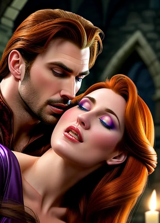 low angle hypnotized sweet Beautiful youthful entranced auburn haired Queen Anna of Arendelle sharing a dark embrace and passionate kiss of the stoic and debonair Van Dyke goatee raven haired Dracula his fangs bared as she pulls her hair to one side arching her neck preparing to receive his vampiric bite, in the the very dark cramped spooky cobwebbed halls of a haunted house photorealistic.