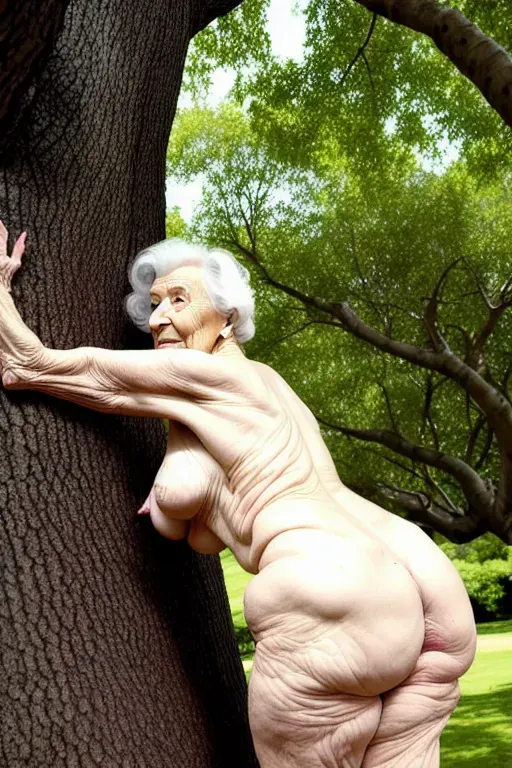 (great grandmother),(85 years old),(naked),(wrinkled skin),(climbing tree)