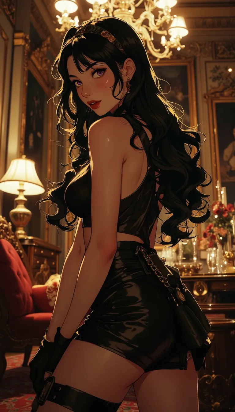 Anime style. 1boy, Serena, SerenaRH, very long straight black hair, brown eyes, gorgeous lips, dark lips, medium perky breasts, perfect body, large hips, fit body, thick thighs, 1g0r, Dutch angle, earrings, elegant, makeup, fancy party room, indoor, golden details, dramatic light, face closeup, parted lips, makeup, abs, solo, parted lips, shiny skin, sweat, brown hair, toned, brown eyes, big breasts, braid, muscular male, black hair, long hair, looking at viewer, indoors, easynegative, FMAB_Envy, 1boy, solo, long hair, black hair, purple eyes, slit pupils, headband, crop top, bare shoulders, midriff, gloves, fingerless gloves, skirt, side slit, bike shorts under skirt, bike shorts, toeless legwear, leg tattoo, 1femboy, on knees