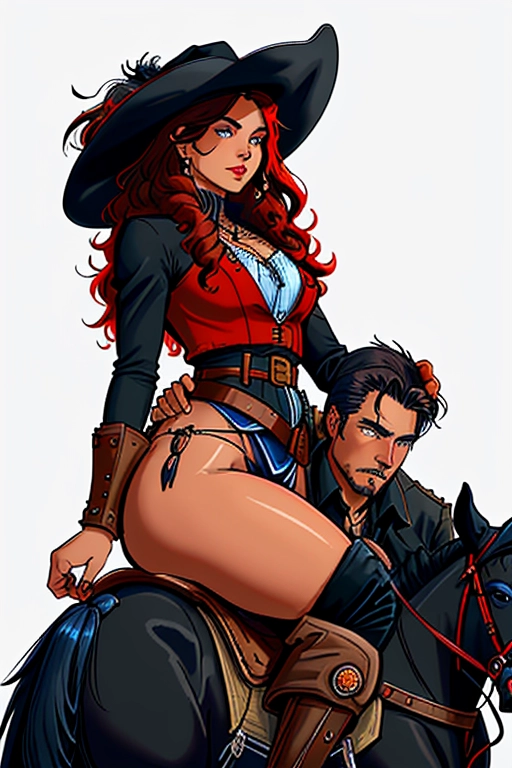 Two people, Old wild west, we see two people, A badass cowboy rescuing a native American, he is riding his badass horse, rescuing a cute damsel in distress, he is a US Marshall, former confederate army officer from Georgia C.S.A , black cowboy hat with white band and a feather, red hair, red beard, sharp blue eyes, gritting teeth, strong chin, a scar across his face, strong build, black cowboy outfit, long brown trench coat, black boot cut pants, two six shooter revolver pistols, one pistol is drawn, the other pistol is in the holster, two gun holsters, large belt buckle, gun belt with bullets line in, black cowboy boots with spurs, riding in the saddle of his black horse, large mean black stallion, jeweled stirrups, in a cold winter forest, fending of a pack of wolves that is surrounding a damsel in distress, the cowboy is saving a damsel in distress, reaching down for the damsel in distress, the damsel in distress is a Beautiful native american woman, red skin, beautiful long dark hair, floral decorations in hair, thick eyebrows, cute happy eyes, concave nose, soft gaunt cheeks, full lush lips, narrow round chin, slim build, small breasts, thin waist, curvy ass, curvy hips, curvy thighs, cute feet, wearing animal fur tribal pelts, tribal, aroused, aroused clit, throbbing pussy, brown anus, knocked down, reaching for the cowboy, in the snow, ((high definition)), ((4k quality)), ((excellent lighting)), ((great shading)), ((pristine detail)), ((really clear picture)), ((beautiful vibrant colors)), ((accurate at lower prompt guidence)), ((ultra realistic)), (((five fingers per hand))), (((two arms per person))), (((two legs per person))),
