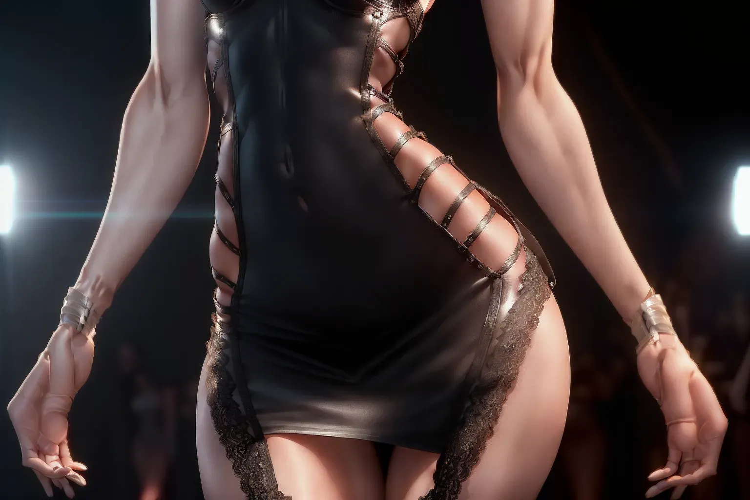 Realistic Photograph, (wide shot), (((Sarah Silverman)))(((accurate face))),(((as a runway fashion model)))(((wearing a bodycon sleeveless tube lace up dress))), (((upskirt)), (((EXTREMELY slender petite body))), five slender fingers, ((((detailed female anatomical features)))), beautiful face, beautiful lips, detailed large eyes, curved eyebrows, cgsociety, cinematic lighting, studio lighting, professional, editorial, <lora:dpmg_fingering:1>