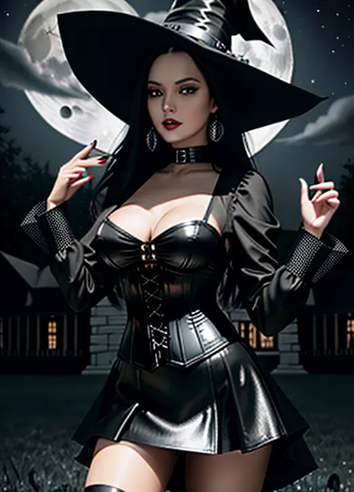 highly detailed Realistic photo of, full-body image of a gorgeous woman, slim woman, long black hair, wearing black witches outfit, pointed hat, black corset, black skirt, knee length leather boots, model face, medium breasts, five fingers each hand, sexy pose, out side a spooky mansion, night time, moonlit night, sharp focus