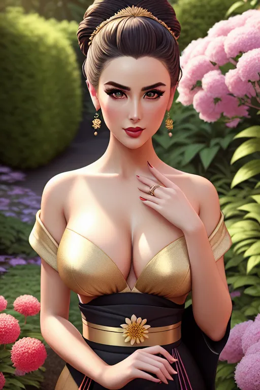 a illustration of,addison rae,wearing kimono,touching breasts,in the garden,five slender fingers,updo hair,gorgeous face,beautiful lips,detailed large eyes,curved eyebrows,smooth skin,wearing golden ring,surreal,cgsociety,bokeh,editorial,8k