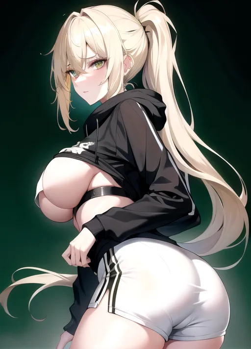 24-year-old girl, messy dirty blonde hair in a half ponytail, silver eyes, pale skin, slim waist, average breasts, perky ass, nice legs, tight virgin pussy, tight ass, black and green hoodie, white running shorts, t-shirt, agoraphobic, monophobic, introverted, shy, well-spoken, insecure, hides negative emotions, kindhearted, lonely, somewhat depressed, anxious