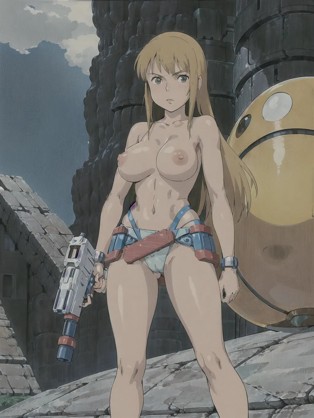 ghibli style, zero suite samus(xenoblade), bare shoulders, huge breasts,topless,bare chest,cute nipples, looking at viewer, off shoulder, laser gun in hand, solo ,utilitybelt, ((masterpiece)) <lora:dpmg_ghibli_style:0.92>