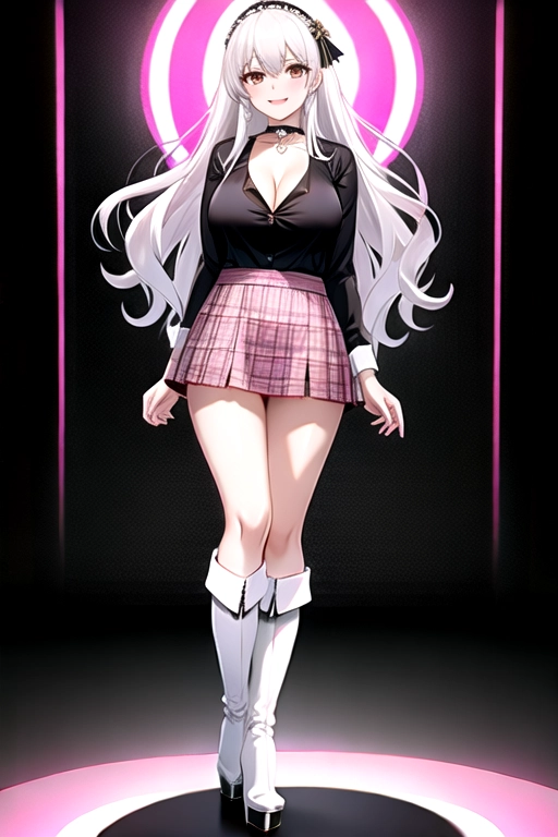 8k quality, brown eyes, pale white skin, white hair, giant breasts, cleavage, looking at viewer, pov, long hair, wavy hair, full body photo, standing in room, smiling, black shirt, pink plaid miniskirt, high heels, knee high boots, choker