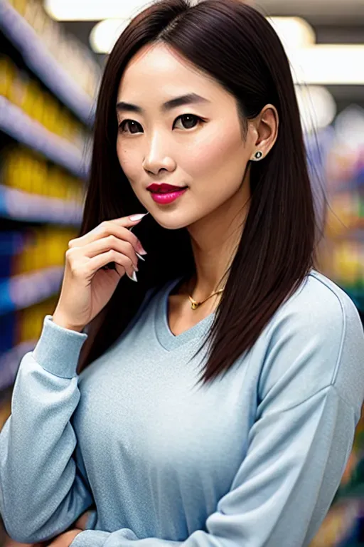 a photorealistic image of a graceful, elegant and happy 20 year old woman, browsing the aisle of a hardware store, wearing loose light blue tracksuit bottoms, and a very tight blue, short sleevedtshirt that perfectly outlines her large natural breasts,five slender fingers,beautiful face,beautiful red lips,brown straight hair to her shoulders, curved eyebrows,smooth skin,erotic,wearing golden ring,cinematic lighting,sharp focus,cgsociety,ultra realistic,editorial