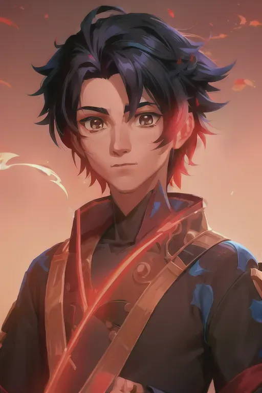 arcane styleblack haired male young adult , brown eyes, hero returns, fire bender holding blue flame , disney messy male short hairstyle , wearing red royality clothing with a dark black cloak , digital anime avatar the last airbender art, wispy flames around him, anime art((masterpiece)), absurdres <lora:dpmg_arcane:1>