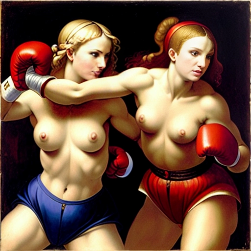 Italian renaissance painting of boxing women during a fight, knockout one girl lying knocked down on the canvas Ornate, Classical, Muted colors, Highly detailed, Smooth, Artstation, digital illustration by raphael and michelangelo and leonardo da vinci, baroque, Chiaroscuro, Elegant, Intricate, Historic, museum quality, renaissance masterpiece, Realistic, Oil painting
((Blonde Sporty Ece and Blonde Slim Diminutive Britney with nice Breasts))