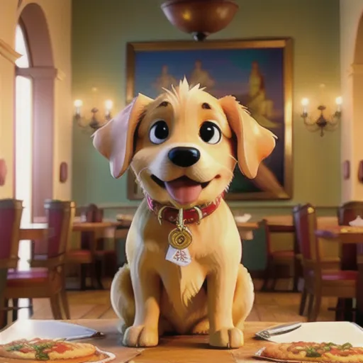 perfect quality, masterpiece, high quality, golden retriever, dog, italian restaurant, pizza, dining