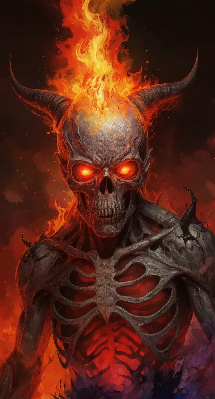 raw , morbid ,keep core image as much as possible, add a hellish background in a color splash style , clear depth of field to create a 3d effect, the flame coming from top of the skull is more like fire , hollow torso with and fire within,