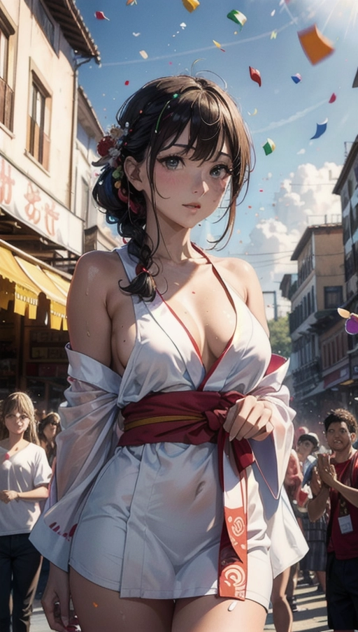 1 hot Italian woman (20) ((wearing a sexy mini silk yukata)) ((on a carnival float)) (throws ((confetti:1.4)) up in the air) on the crowd in Roma, ((laugh:1.2)), (((exposed shoulders))), highly detailed, (freckles:0.3), ((suntanned skin)), ((exposed awesome breast:0.4), (exposed pussy)), blonde braided bun hair, <lora:dpmg_add_detail:0.5>, perfect hands, (closed-up:1.2), bokeh, The Coliseum in background,
cinematic lighting, cinematic composition, UHD, HDR, vivid colours, (highest quality:1.8), highest resolution, (photorealist:1.72), (photorealism:1.72), (masterpiece:1.18), --s 250 --v 6