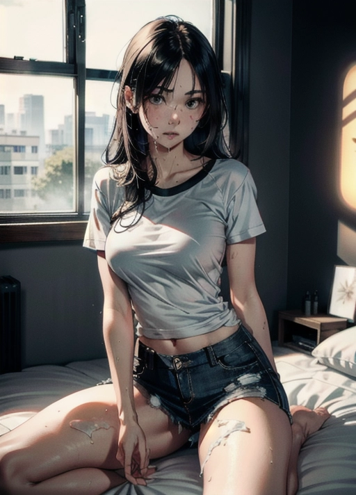establishing shot, loose grey t-shirt and mini skirt jeans, skinny, 25yo, eurasian woman, (hyper-realistic face:1.3), 32k uhd --ar 9:16 --stylize 750 --v 6, realistic,((((solo)))), nudity, long straight black hair, (small breasts:1), breasts_focus, wet skin, lips, perfect-hard-nipples, solo_focus, eye-contact, lifted t-shirt, uncensored, ((torn t-shirt)), ((cum on body:1.2)),
background bed room, sweaty, (((exhausted))),uncensored,
<lora:dpmg_add_detail:0.5>, (best quality),
beautiful, (((masterpiece))),(high resolution), (uhd), (8k)