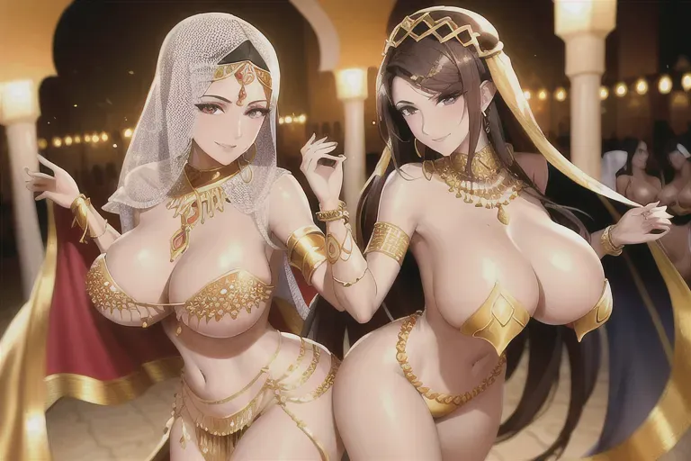 A couple of arab young women dancing topless in the middle of a crowded bazar in Morocco dressed as concubines with silk clothing, surrounded by arab dressed people, golden chains, bracelets, veils, tanned-skin, big boobs, wide hips, nice thighs, brunette, golden eyes, sexy smirk, barefoot
