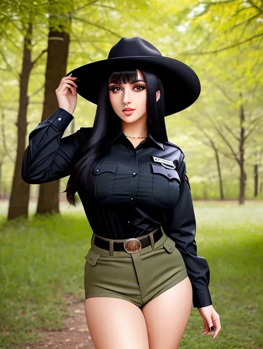 Gorgeous young Albanian woman, photo cute attractive young face, large wide doe eyes, light colored eyes, big plump lips, huge gigantic boobs, (gigantic tits), raven-black hair, bangs, sexy, thin, slim waist, tight olive-colored park ranger uniform shirt, photorealistic, best quality, ultra high resolution