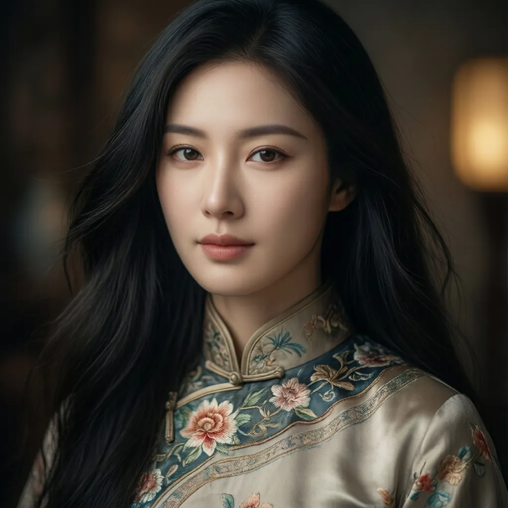 A beautiful Chinese woman with graceful features, close-up portrait, long flowing black hair, wearing a traditional silk cheongsam delicately embroidered with floral patterns, face softly illuminated by ambient light, serene expression
