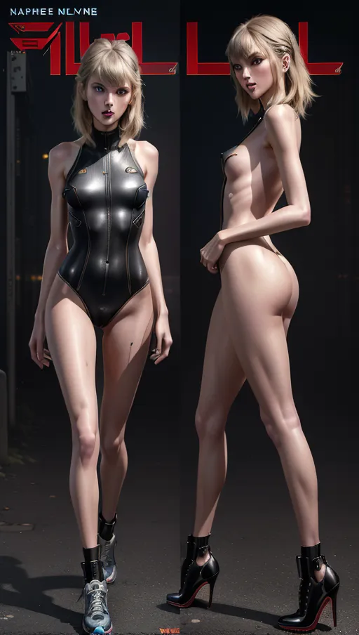 ((full-length realistic cyberpunk photograph from below))<lora:onoff:1> Insanely detailed and intricate
((((front view)))) digital photo of
leggy, anorexic, ((very skinny)) ((flat-chested))((long slender legs))blonde hair with bangs ((year 2014)) (((extremely detailed face
taylor swift))) looking into camera
(((cosplaying police bodysuit and sexy running sneaker heels)))(pantsu)
(((bottomless)))
on the street digital photo of, anorexic skinny taylor swift,long skinny legs,full body with legs pose,(((shoes magazine cover))),five fingers per hand,medium hair,charming face,beautiful lips,black eyes,curved eyebrows,curved eyelid,textured skin,joyful,unreal engine,editorial,cinematic lighting,8k,professional