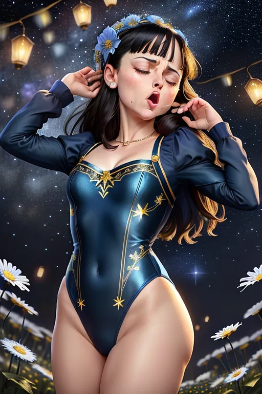 Colour picture of an adult Christina Ricci in a flower garden at night, starry sky, lit by lanterns, elaborate blue and gold patterned leotard, beautiful face, dark hair, standing, fit, highly detailed, correct human anatomy, looking at viewer, front, closeup,
She is having a powerful (((sneezing fit))) ((sneezing)) allergy, hay fever, with nostrils flaring, ((eyes closed)) and ((mouth wide open)),