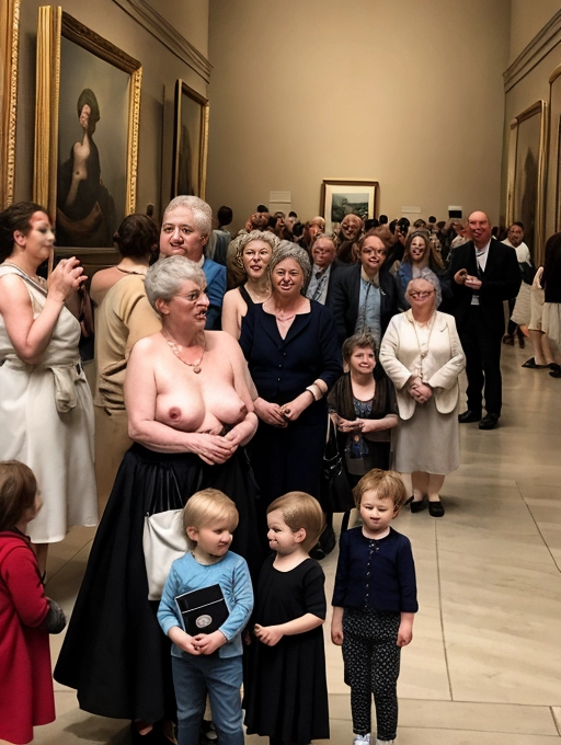 naked mature middle aged lady is casual as a naked tour guide at an art museum