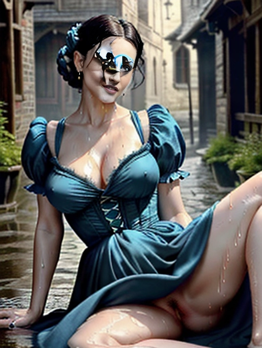 (RAW photo:1.2), (photorealistic:1.4),(masterpiece:1.4),(best quality:1.4),ultra high res,((detailed facial features)),HDR,8k resolution a photo shot of, a milf lady (((wearing a victorian dress, pulls up her blue dress to her waist showing cunt))), (((exposing gaping wet soft hairy pussy))), sitting in Medieval street at nighttime , (((small natural breasts))),five fingers per hand,hair bob,beautiful lips, ,green eyes,curved eyebrows pale skin, ((exposing breasts)),((( legs spread wide) open))
