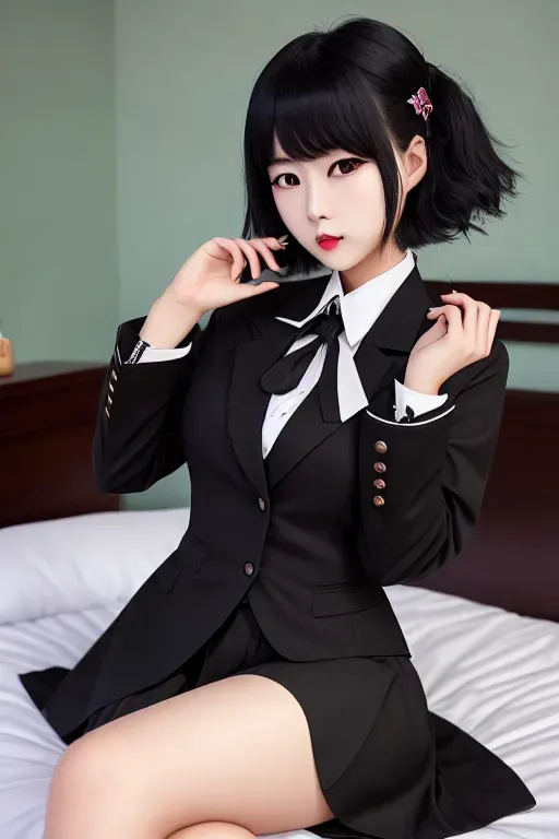 a photograph of,a korean woman, goth, school uniform, on the bed,small breasts,five fingers per hand,short hair,beautiful face,beautiful lips,green eyes,curved eyebrows,cosy,professional,highly detailed,sharp focus,smoothd