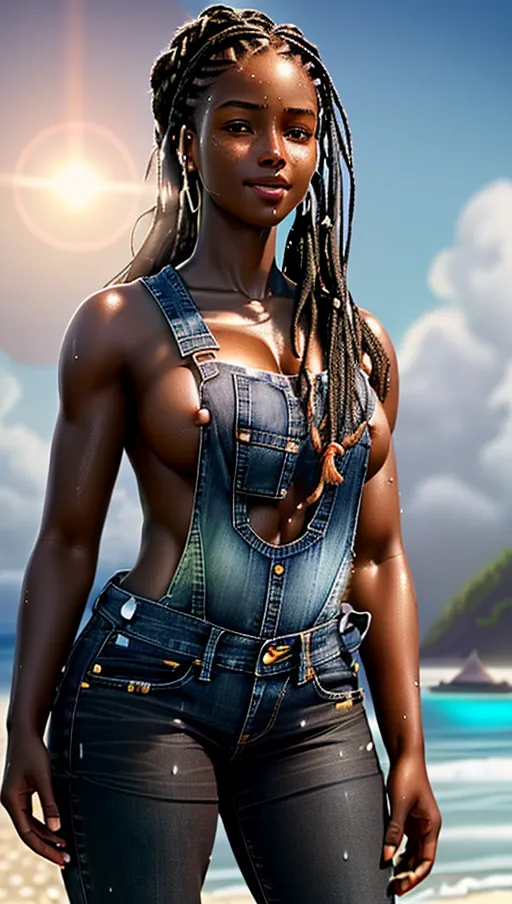 photorealistic, ((very black girl)), tall, braided hair, highly detailed face, beautiful lips, innocent warm smile, 1girl, (((beach))), freckles, very muscular, visible nipples, sweaty , nice round breast, nude, looking at camera,shiny wet body, realistic light, dark hair, very sexy, jeans overall