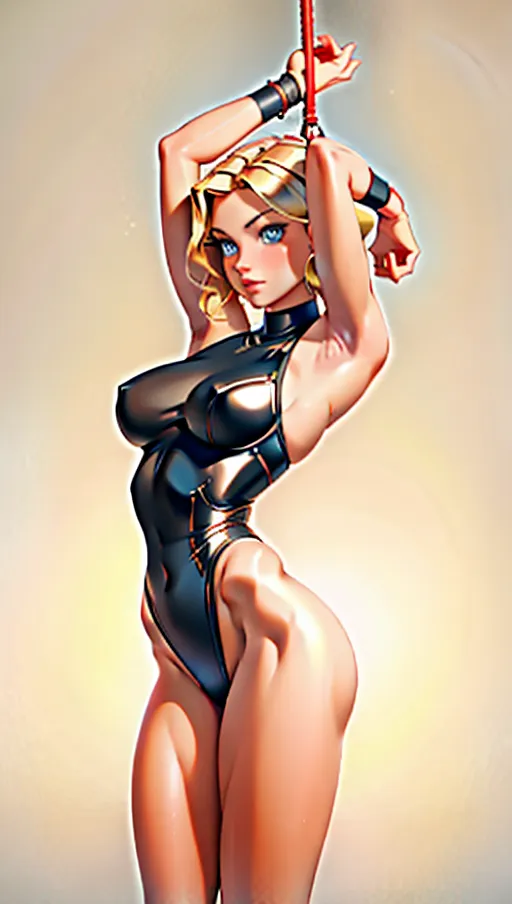 An 8k high resolution, wide angle full body x-rated photo of woman in peril, captive woman, tied to a stake in the ground, hands above head, camel toe crotch, (((BONDAGE))), corset, waist cincher, wet, sweaty, bondage, ((ARM CUFFS)), 18, blond messy long hair, front, medium breasts, fitness model, toned muscles, beautiful, blue eyes, long beautiful legs, small hips, perfect body, oiled body, legs toned, arched, orgasm,((((detailed female anatomical features)))),(((detailed gorgeous face features))),(((erotic scene))), beautiful lips, textured oiled skin,(((fairer skin))),(((ultra-detailed large breasts))), editorial, aesthetic scene, best quality, high definition, all body in the frame,