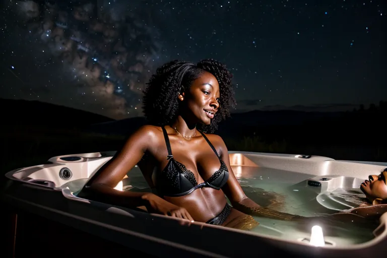 ebony, dark skin, nude in a hot tub stargazing, lingerie, nighttime in nature