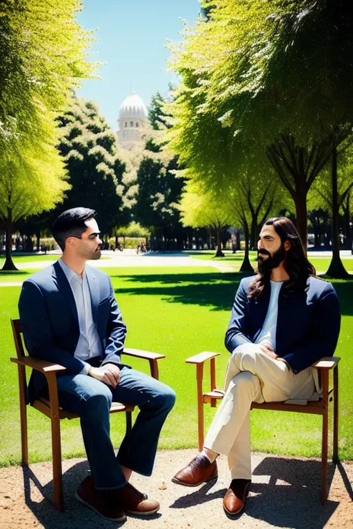 Ben Shapiro and Jesus Christ sitting in chairs at a park having a conversation, sunny outside, beautiful scenery, realistic