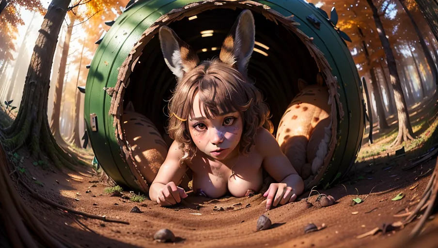 A digital photograph of, professional photograph, 1 beautiful hare woman naked is hidden (in her burrow:1.4) ((in a forest)) in autumn, in a hole, she is showing her head outside to look around, only her head and her breasts are visible, (cautious:1.6), (((small furry breast))), (((furry brown skin))), (((beautiful human face))), (freckles:1.2), beautiful big round eyes, highly detailed, (cinematic lighting), ((fisheye lens)), cinematic composition, thriller atmosphere, (disturbing shadows:1.4), strange bugs flying, dead leafs on the ground, UHD, HDR, vivid colours, bokeh, (highest quality:1.8), highest resolution, (photorealist:1.72), (photorealism:1.72), (masterpiece:1.18), --s 250 --v 5.2