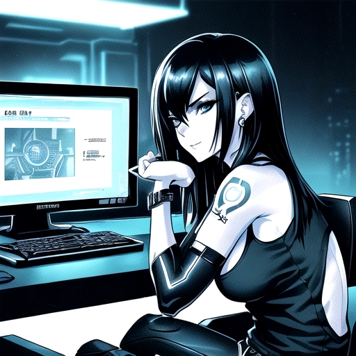 Medium shot, Monochrome, side profile, of a highly detailed beautiful, thin Cyber punk female in the style of Masamune Shirow with blue black hair, her hair is short and is hanging down on the backside of her face, head tilted forward sitting and facing a computer monitor in a dark room, leaning forward on her arms, looking playful, at a desk with a tank top on showing cleavage and tattoo sleeves on her arms and a small line tattoo on her cheek. Dark background with a cyberpunk city skyline at night in the window and a blueprint on the wall, she has a bracelet on her wrist and is wearing earrings on her ears