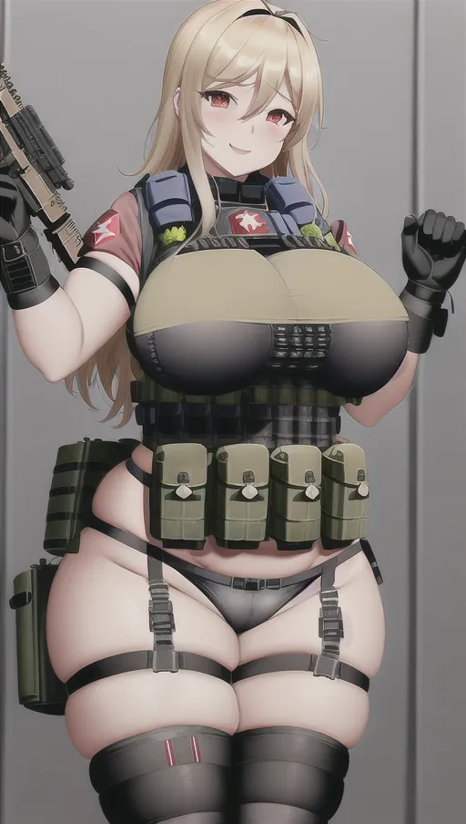 Reze, voluptuous (((suicide bomber))), huge breasts, wide hips, blonde hair, (((wearing a tactical explosive vest))), wide hips, thick thighs, huge breasts, tactical bomb vest, suicide belt, smiling, lots of cleavage, (((cubby))), curvy, thick, sideboob, midriff, plastic explosives, (((red wires wrapped around her))), (((holding detonator))), (excited), aroused