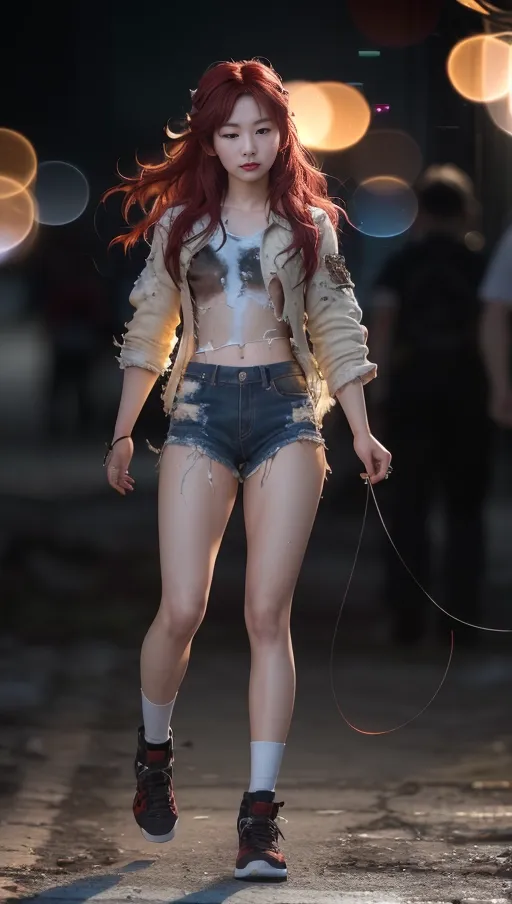 Highly detailed image of Seulgi from red Velvet . HDR. 8K. Highly detaild skin, Highly detailed hair. in torn and ripped clothing. (masterpiece). (((photorealistic 1.5))), (((very detailed lighting))). (((bokeh))). Full body