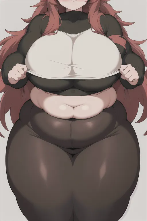 UHD, 1girl, milf, onee-san, cocky, leggings, crop top, very fat, big belly, chubby, wide waist, overwight, obese, growing, too fat, weight gain, anime style,