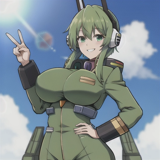 Big tit gundam pilot, green hair, smiling, peace sign