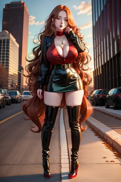 full body, chestnut hair, green eyes, short girl, red miniskirt, black high heel boots, looking at viewer, long hair, pale skin, black necklace, black blouse, 24 years old, giant breasts, cute face, pov, wavy hair, city environment, Oklahoma City