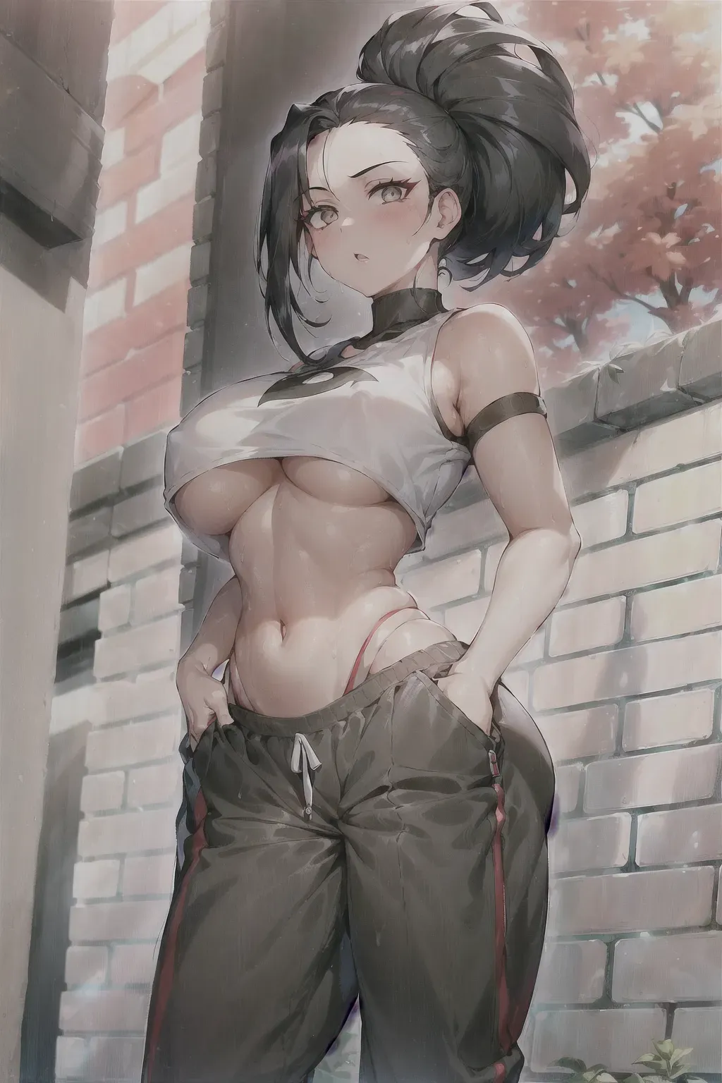 1girl, Momo Yaoyorozu, black hair, grey eyes, crop top, sweat pants, underboob visible, ((masterpiece))