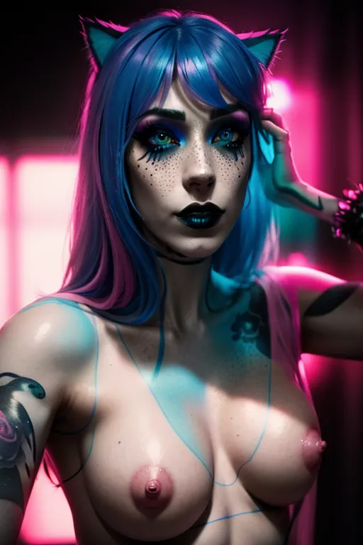 emo girl with cat ears, mesmerizing eyes, freckles, neon tattoos, on a bed totally naked and nude spreading her legs, proportionally sized boobs, gothic decorated, pink wet pussy, cute feet, blue hair, pink nails, no bra no panties, blade runner aesthetic, pretty face, messy makeup, messy hair, highly detailed background, realism masterpiece, confident, lustful, crazy, nymphomaniac, stunning, slender, armpit hair, heavenly lips, pink nipples, shadman style, shadman, dramatic lighting, shy, embarrassed, extremely beautiful and cute emo girl, highest resolution, dpmg_runny_makeup_v1, professional photography, Cinestill 800T Canon 5D DSLR, neon ray tracing