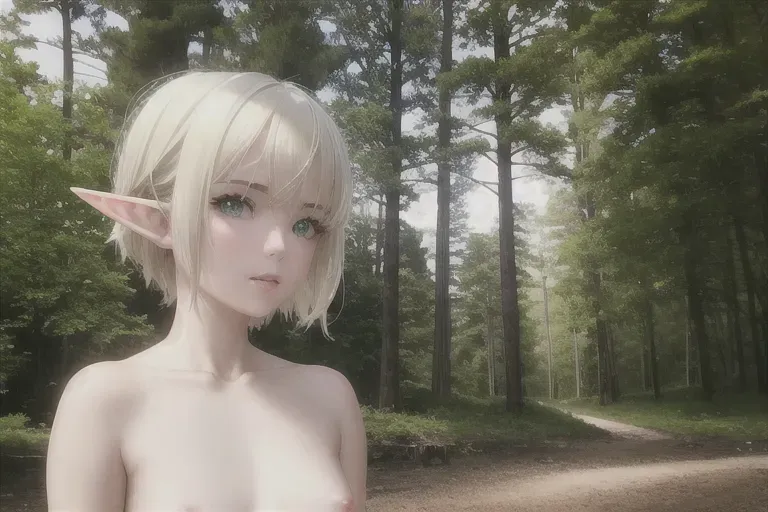a photo shot of,naked,outdoors,forest,small breasts,five fingers per hand,short hairstyle,blonde,beautiful face,beautiful lips,body scars, eye scar, different color eyes, gray eye, green eye,fit body,pale skin,cosy,smooth,pixiv,highly detailed,surreal,sharp focus,full body,beautiful pussy,lying down, face age lines,35 year old,small breasts, abs, elf ears, standing on ground, looking at viewer