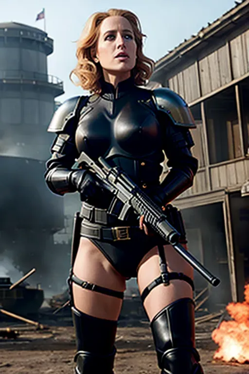 A photograph taken on a battlefield with damaged buildings in the background, Gillian Anderson from the X-Files as a Sister of Battle, tight futuristic black body armour, red loincloth, bolter held for firing, broad shoulders, muscular, grim expression, blonde hair in a bob that curls in at the cheeks, long armoured boots, second skin armour, iconography on the armour, breast armour, hair in a bob cut, skin tight fit, bolter gun in hand, futuristic battle scene in the background