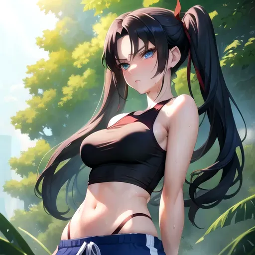 Rin Tohsaka, Rin, Tohsaka, Fate Stay Night, Fate, Nyotengu (DOA), Dead or Alive,
masterpiece, solo, best quality, nsfw, bokeh, uncensored, ultra realistic face, perfect eyes, perfect edges, two arms, two hands, ultra realistic, perfect face, perfect anatomy, (soft focus), ((perfect lighting)), full body, beautiful woman, beautiful, mature woman, sexy, adult, old adult, mature adult,
pigtails, long black hair, full bangs, small eyes, tiny eyes, proportional eyes, blue green eyes,
cleavage, ((perky breasts)), big breasts, big boobs, huge boobs, busty, perfect boobs, perfect breasts, skinny, thin,
tank top, round neck top, flowing tank top, see-through tank top, loose shirt, joggers, sporty, running attire, shorts, casual clothes, casual, summer clothes, dressed for a hot day, sweaty, wet, sweaty body, wet body,
naughty, naughty expression, naughty face, naughty look, seductive, seducing, horny expression, horny, mischievous, mischievous expression