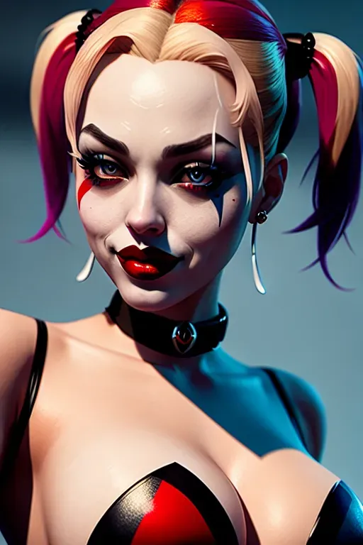 Harley Quinn, amazing breasts, five slender fingers, gorgeous face, beautiful lips, detailed large eyes, curved eyebrows, curved eyelid,satisfaction,8k,artstation,bokeh,surreal,ultra realistic